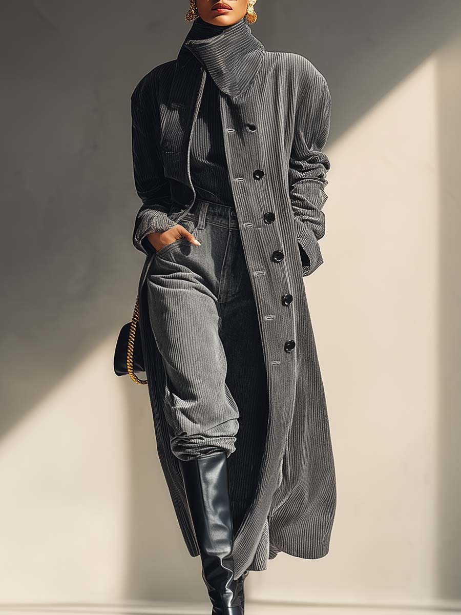 Temperament Street Urban Openable High Collar Front Button Gray Corduroy Coat