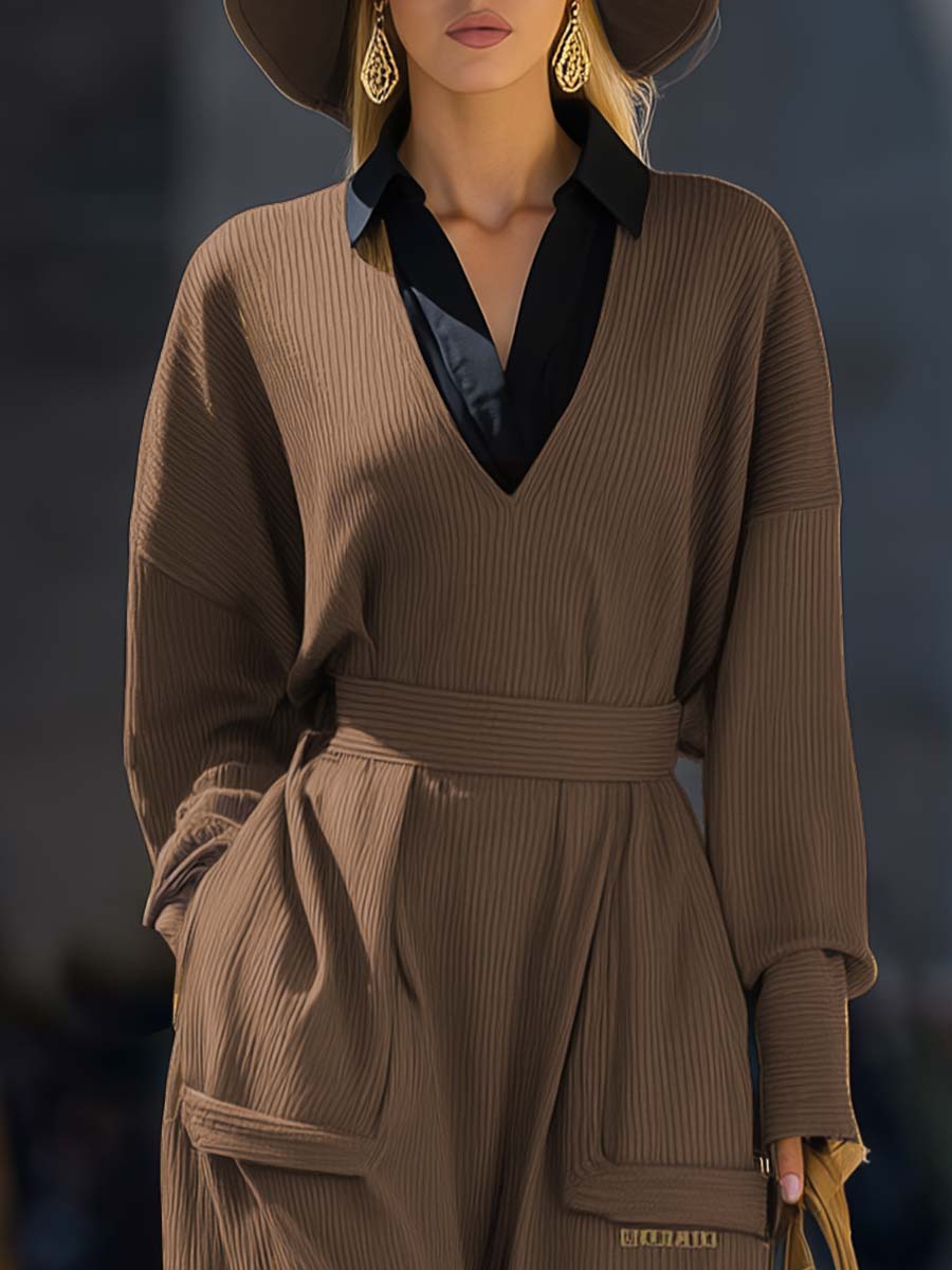Exquisite Casual V-neck Long-sleeved Brown Knitted Jumpsuit