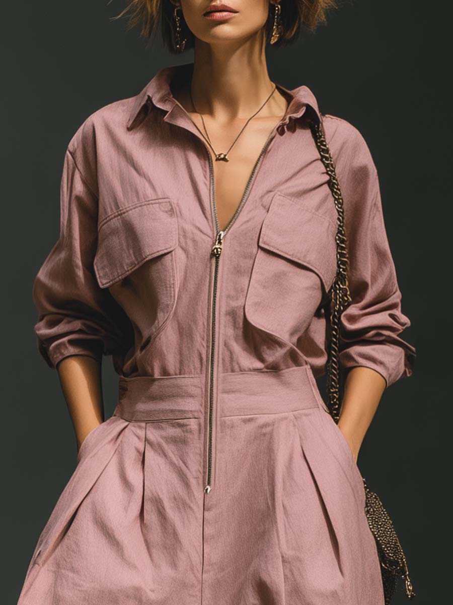 Urban Casual Front Zipper V-neck Pink Loose Cotton Jumpsuit