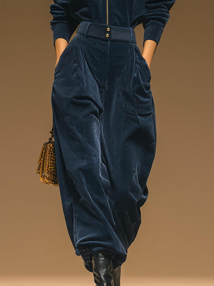 Fashionable Urban Casual Stand-up Collar Front Zipper Dark Blue Corduroy Jumpsuit