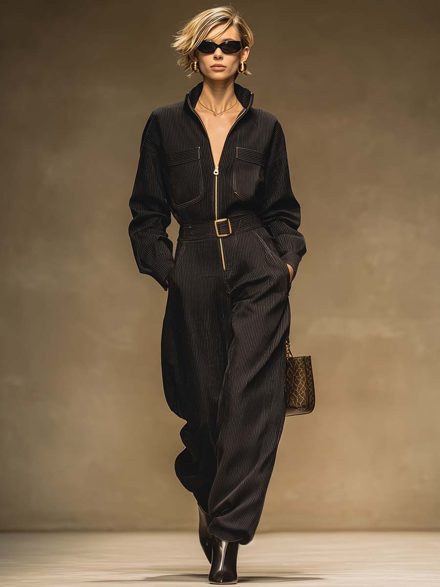 Exquisite Urban Temperament Front Zipper Small Stand Collar Black Ribbed Jumpsuit