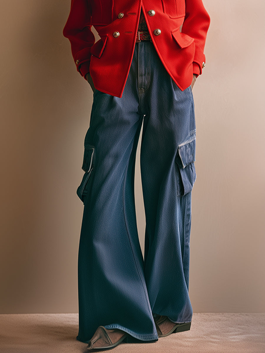 Retro And Fashionable Free People Work Pocket Wide-leg Jeans