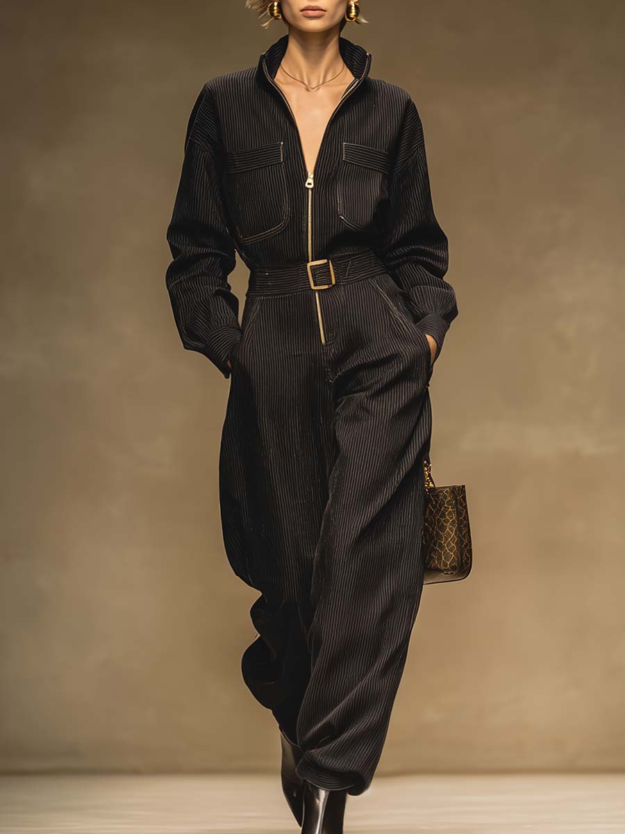 Exquisite Urban Temperament Front Zipper Small Stand Collar Black Ribbed Jumpsuit