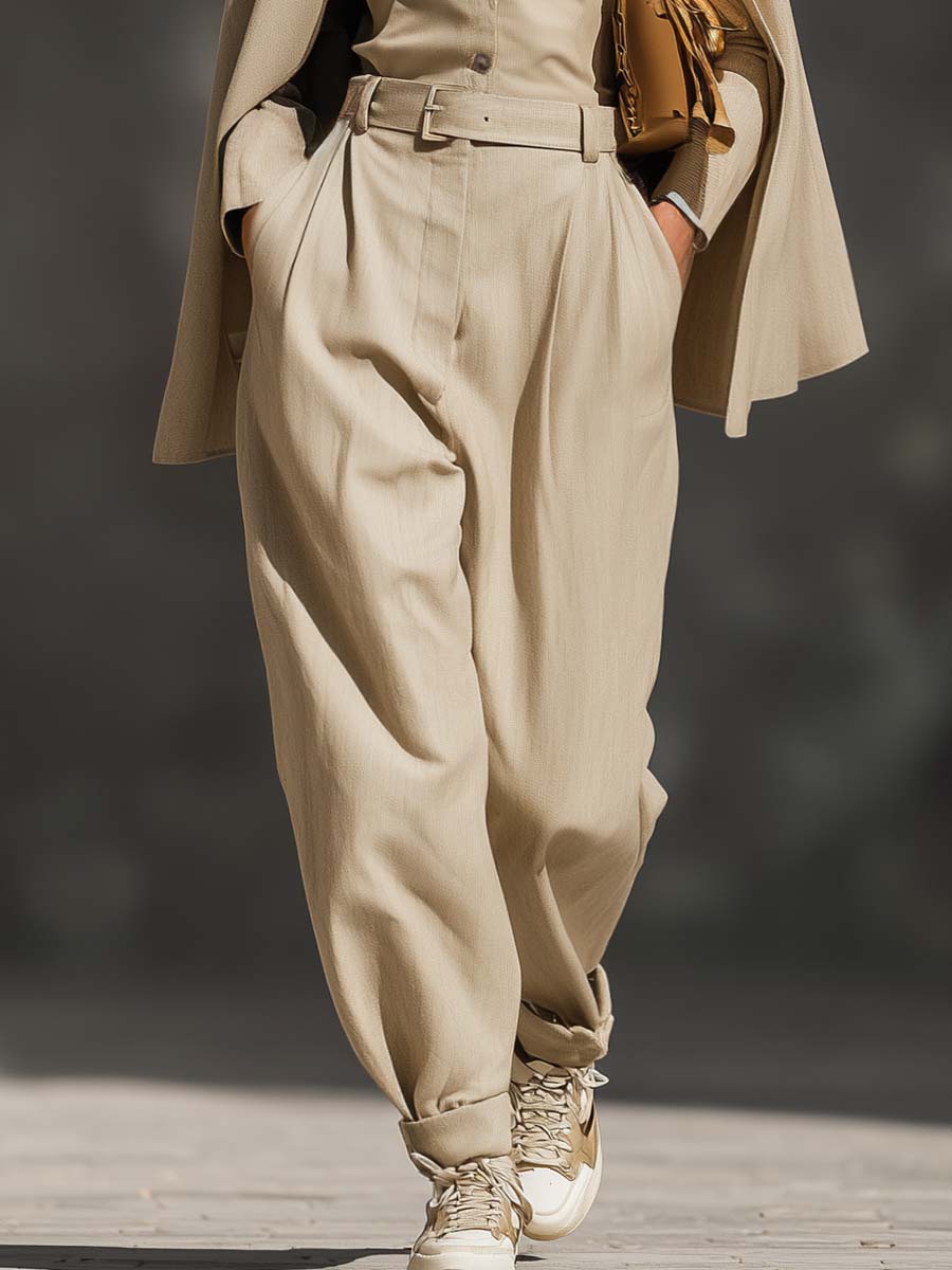 Temperament Street Urban Beige Fake Two-piece Design Shawl Style V-neck Front Buckle Belt Jumpsuit