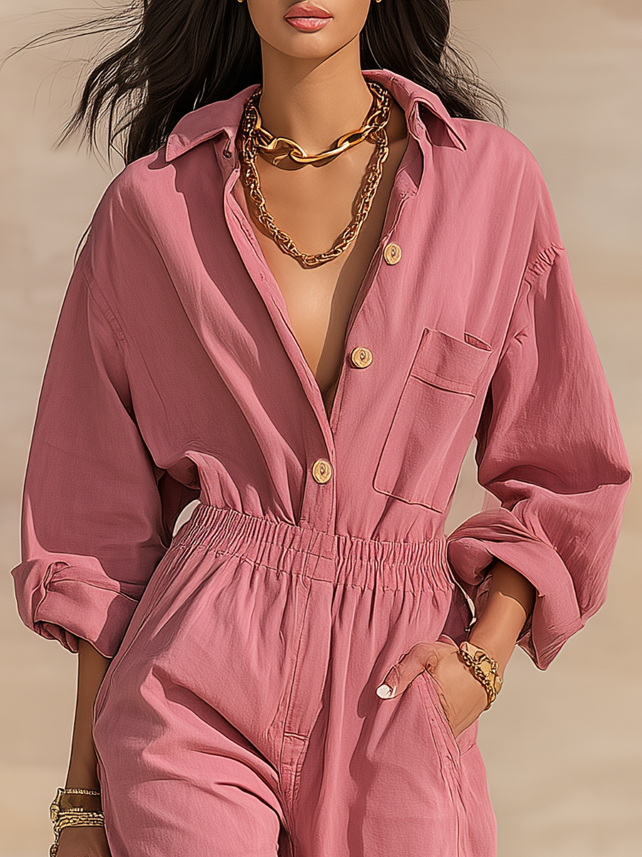 Retro Lapel Long Sleeve Workwear Jumpsuit