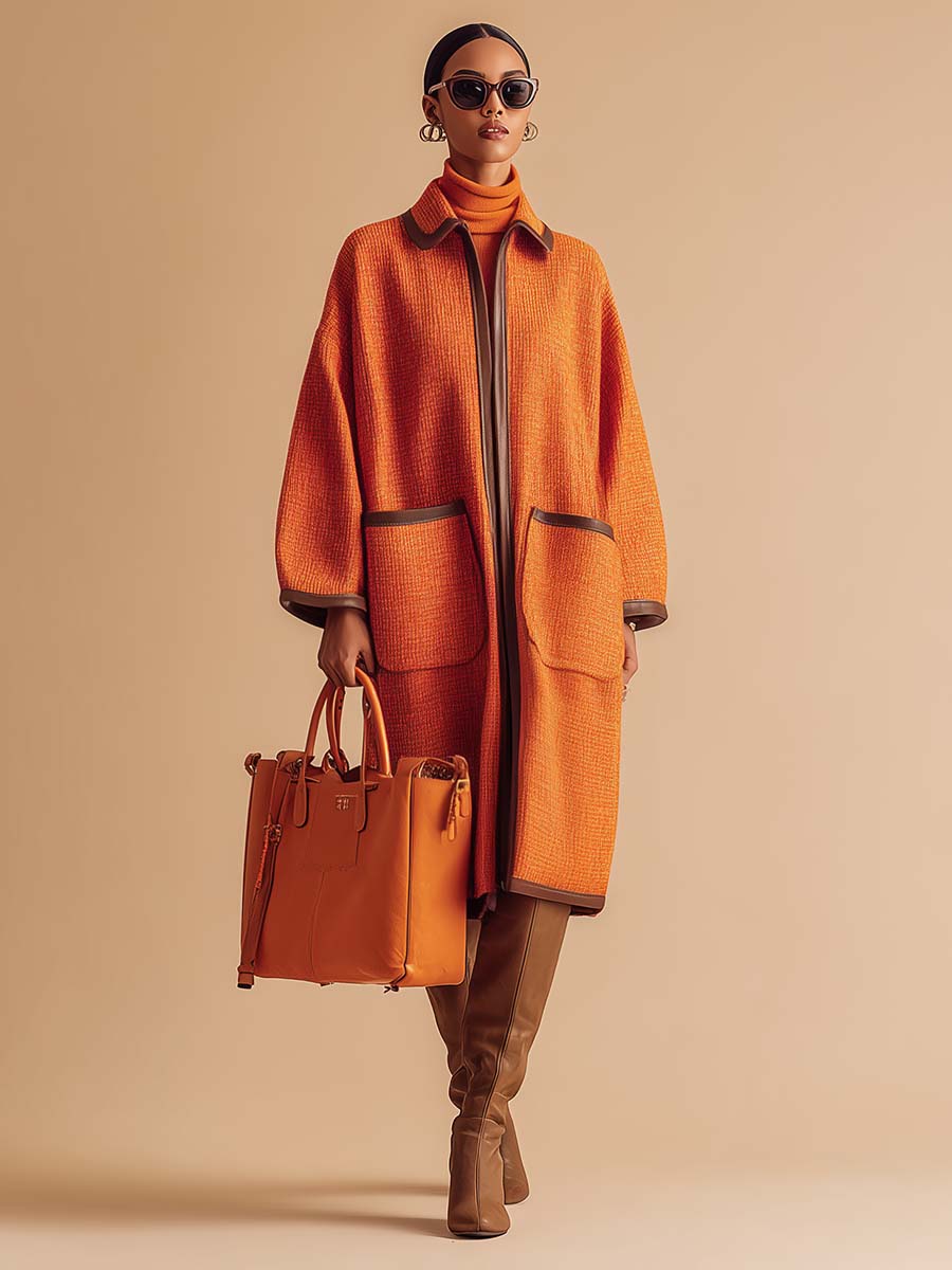 Temperamental And Fashionable Lapel Front Zipper Brown Leather Trim Orange Straight Coat