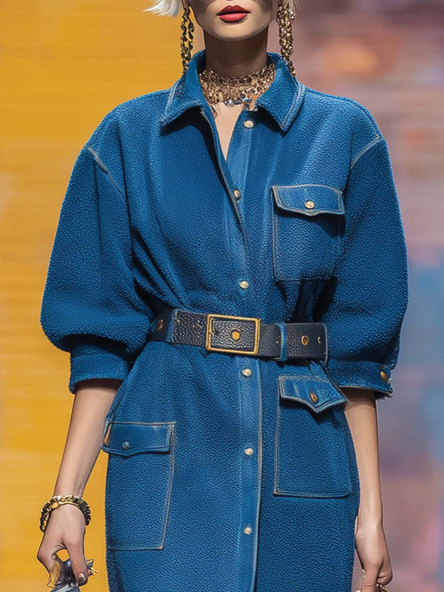 Retro Urban Street Style Lapel Front Button Pocket Design Royal Blue Polar Fleece Coat