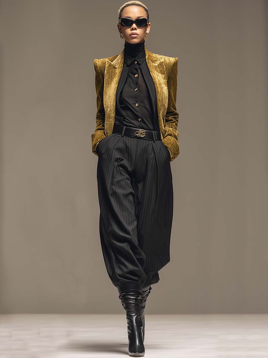 Versatile And Fashionable Black Striped Wide-leg Tapered Pants