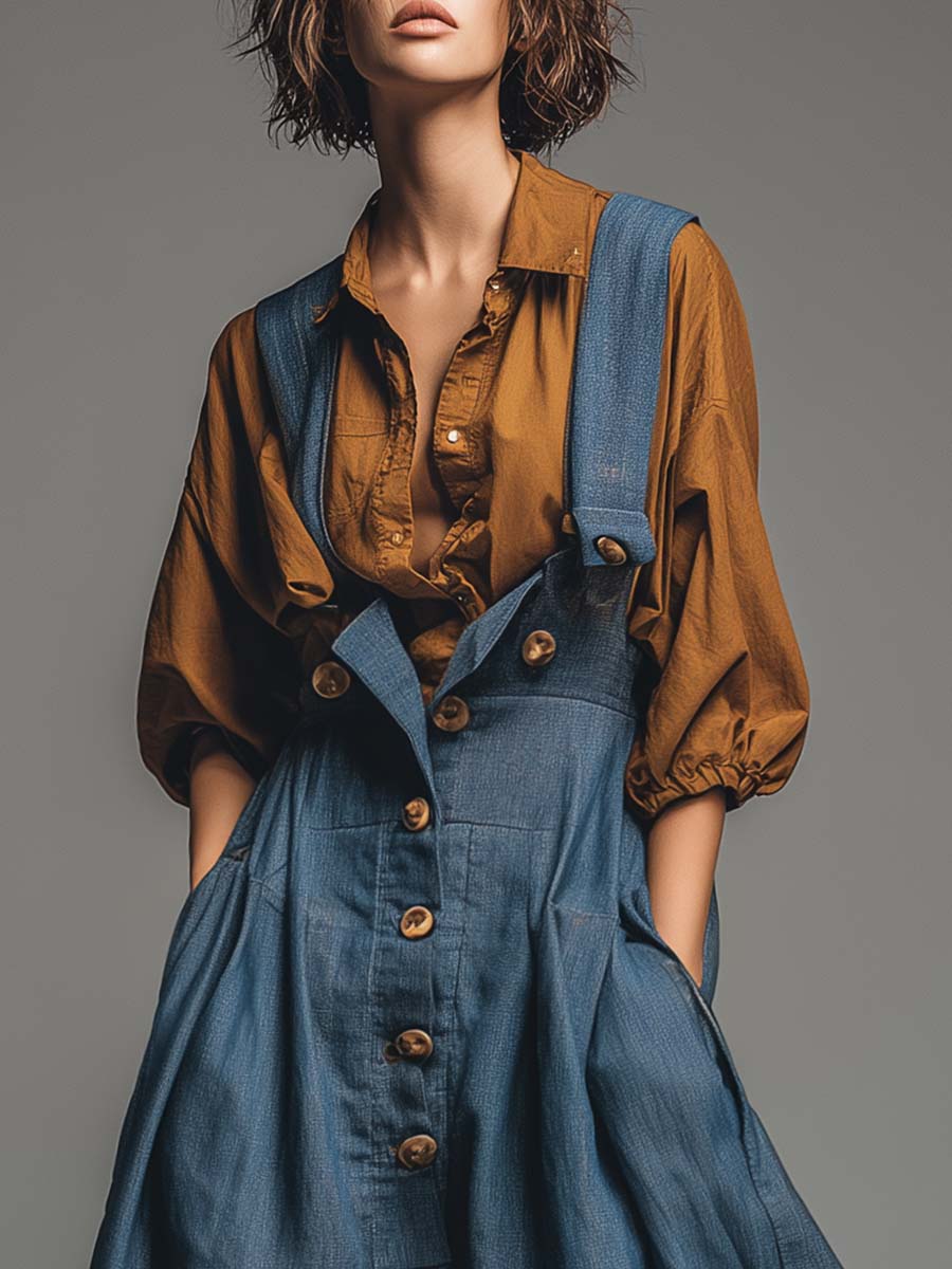 Vintage Casual Fashion Super Loose Front Metal Buckle Blue Cotton And Linen Overalls