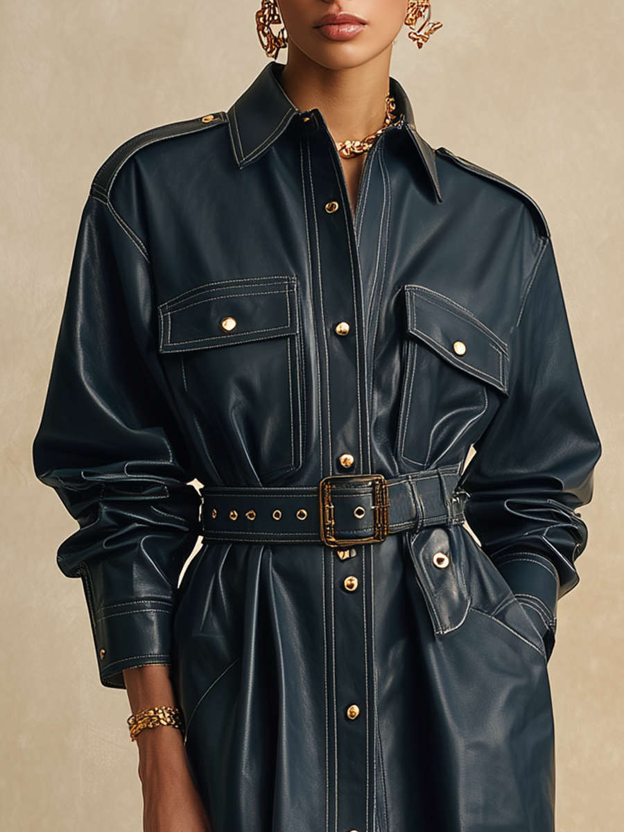 Vintage Lapel Faux Leather Long Coat