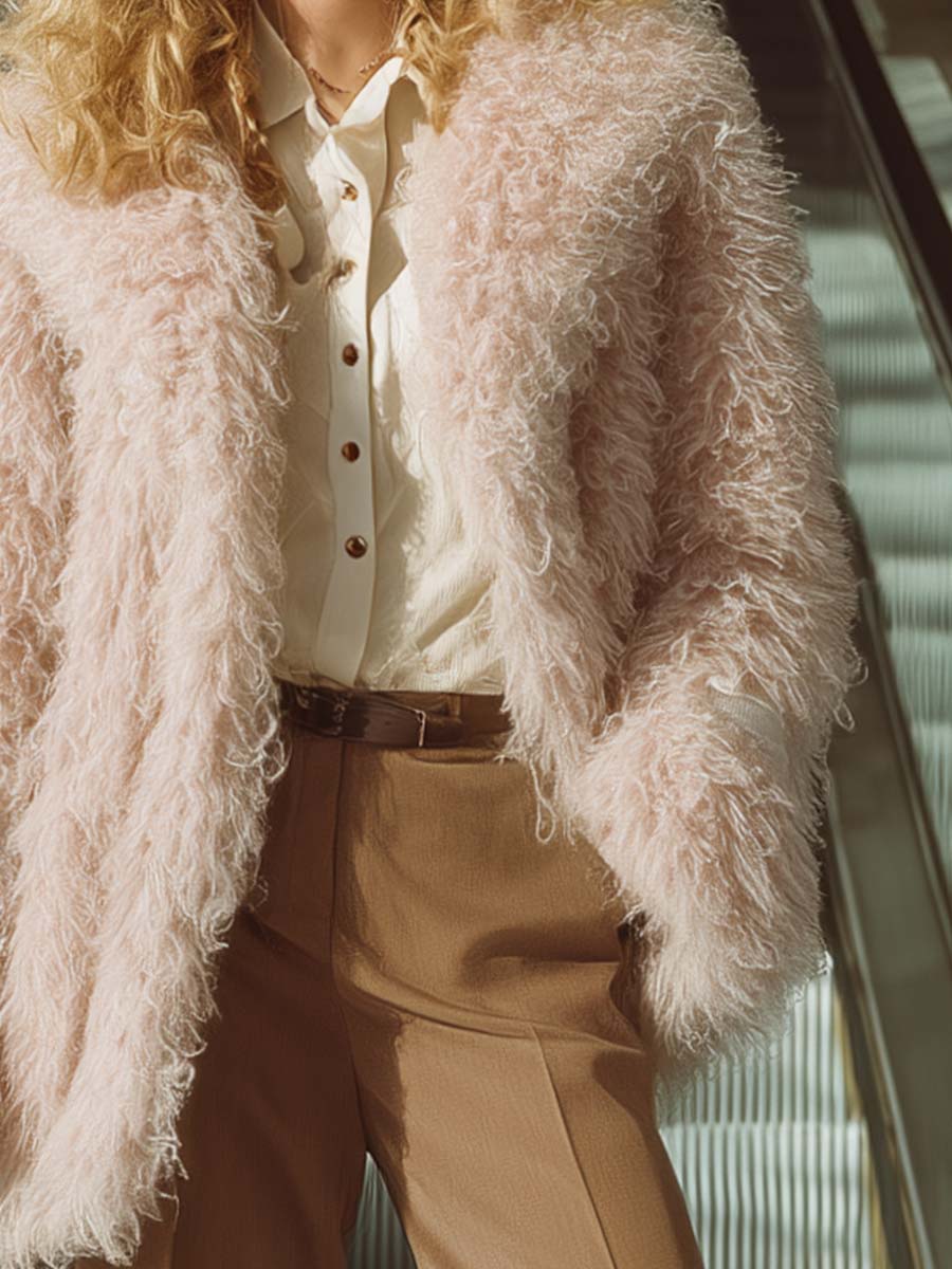 Vintage And Fashionable Versatile Front-opening Light Pink Eco-friendly Curly Fur Coat
