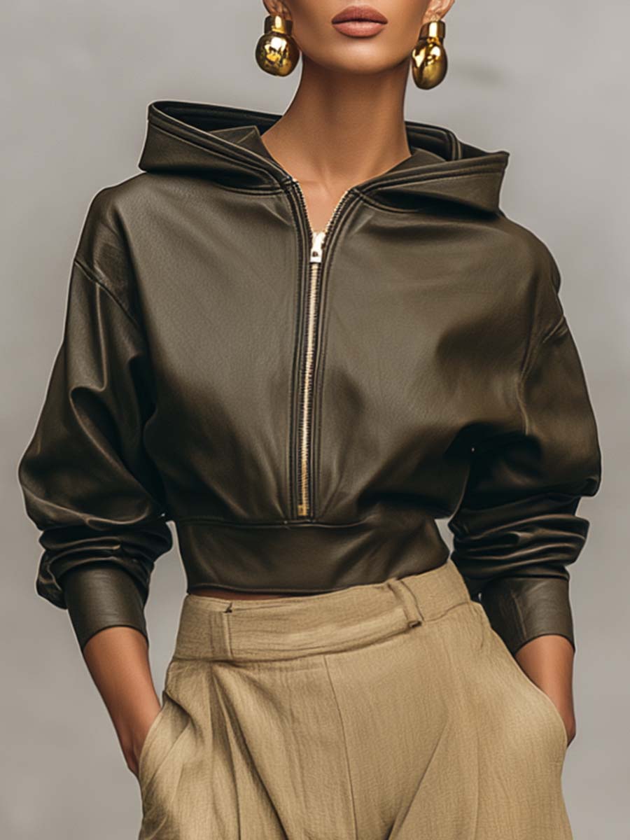 Temperament And Fashion Hooded Front Zipper Moss Green Eco-friendly Leather Short Jacket