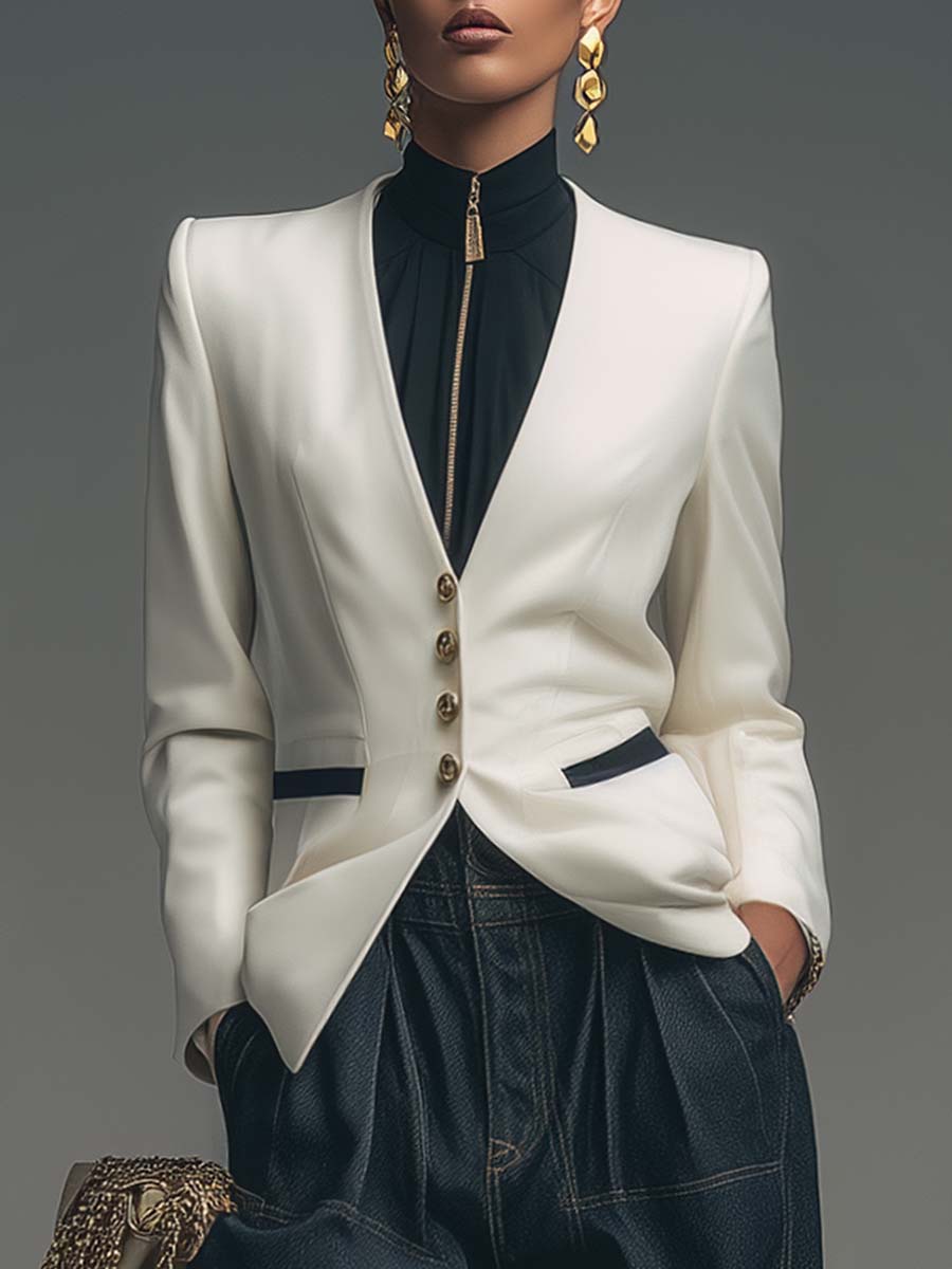 Exquisite And Versatile Urban Collarless Front Button White Satin X-shaped Blazer