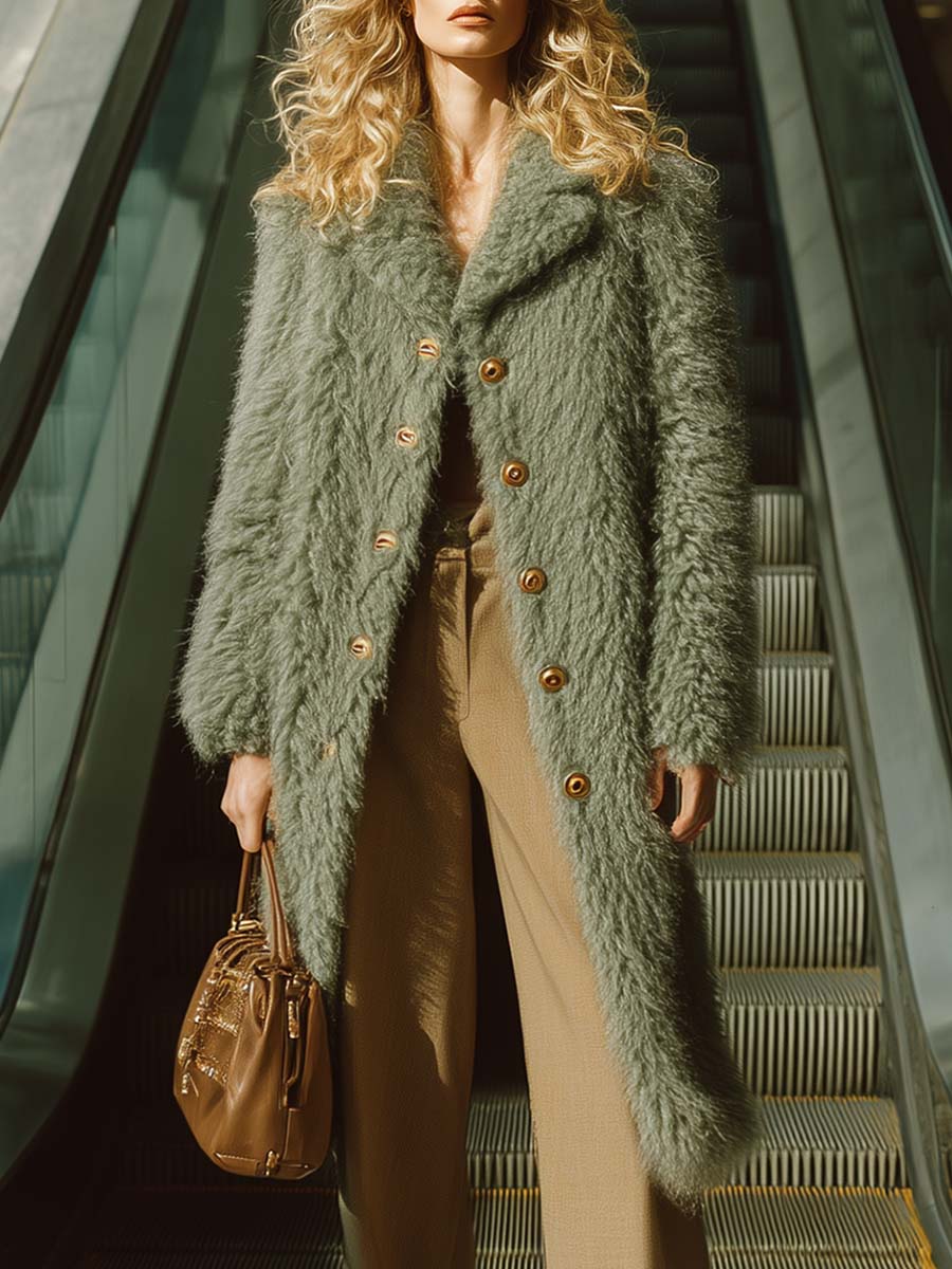 Exquisite Retro Notched Lapel Metal Front Button Bean Green Environmentally Friendly Curly Fur Coat