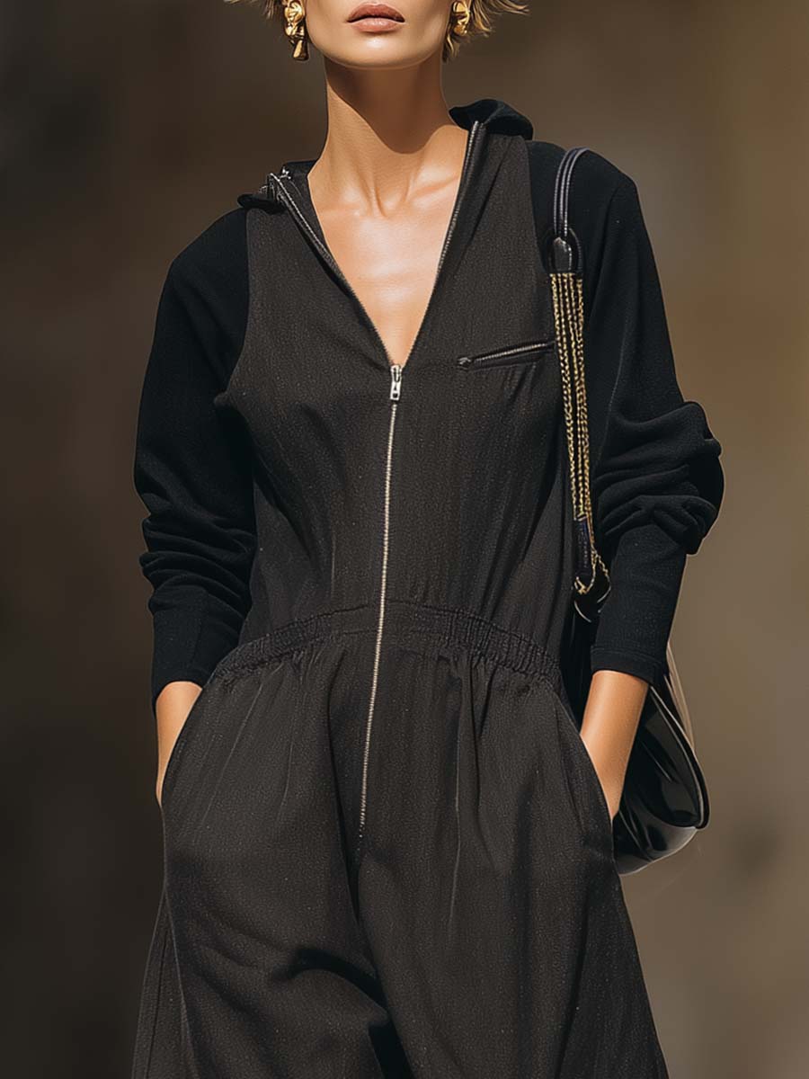 Casual Fashion Urban Hooded Sleeveless Front Zipper Black Loose Jumpsuit
