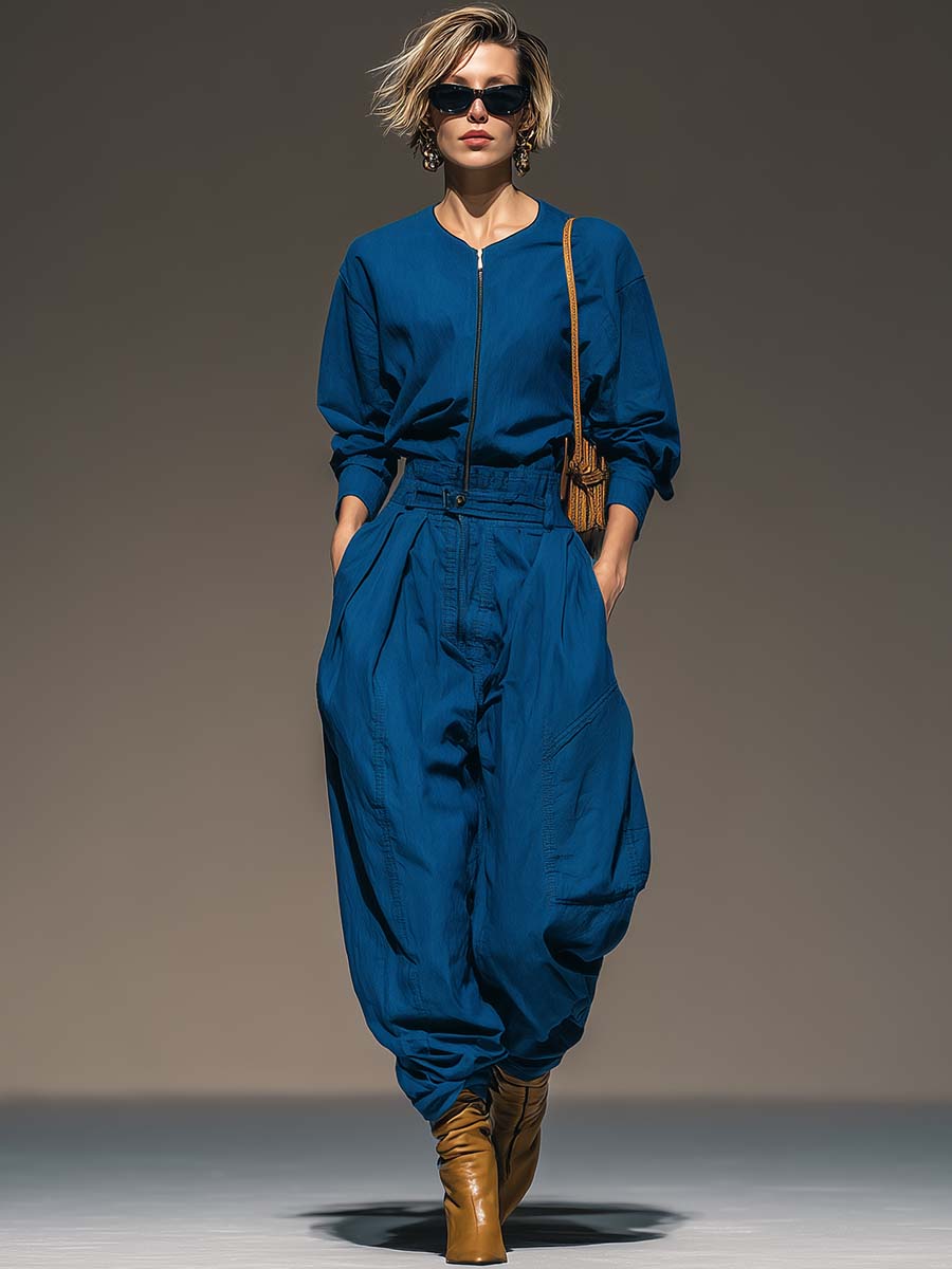 Exquisite Casual Royal Blue Cotton Round Neck Front Zipper Loose Jumpsuit