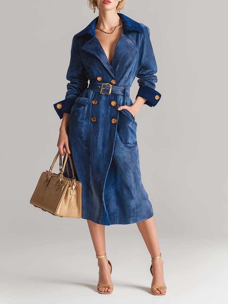 Fashion Retro Blue Corduroy Long-sleeved Tie Mid-length Trench Coat