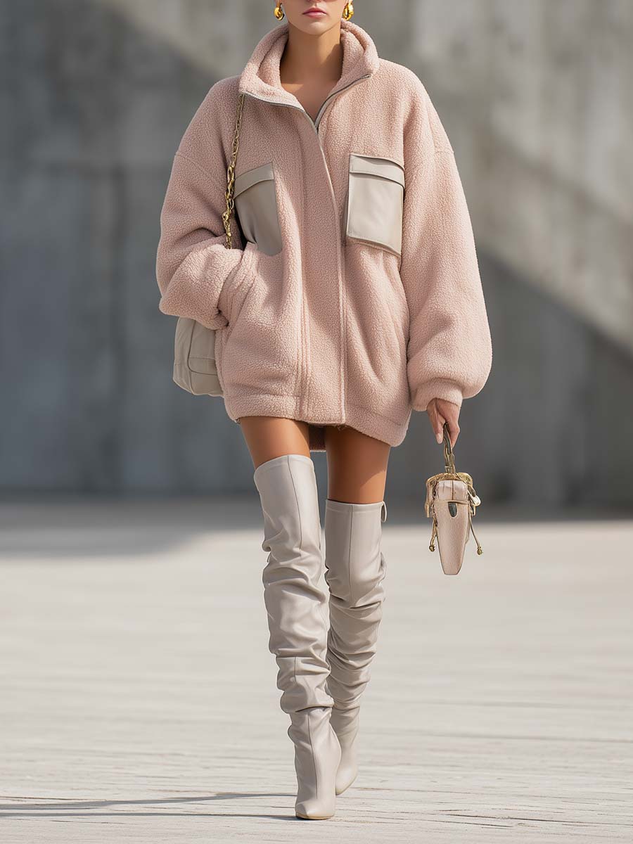 Simple Urban Versatile Lapel Front Zipper Leather Pocket Light Pink Polar Fleece Short Coat