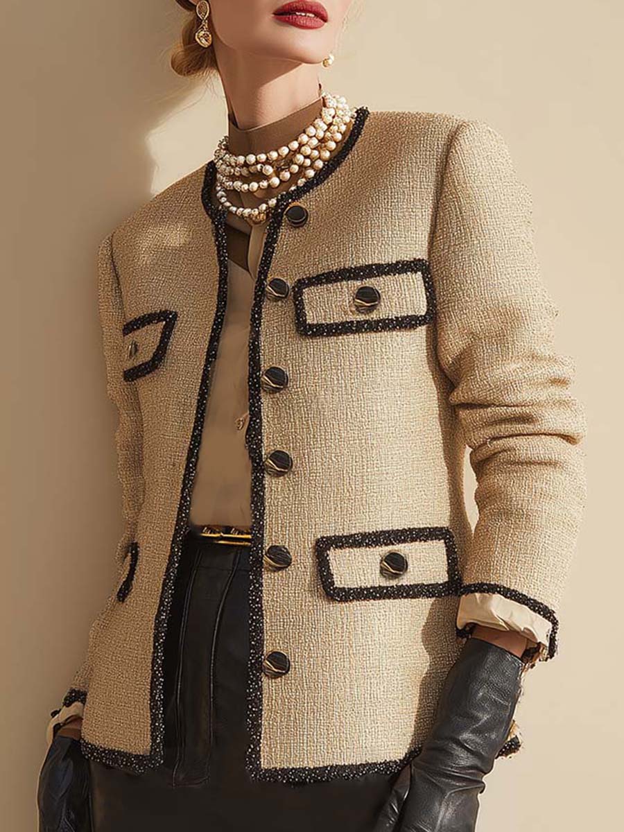 Vintage Fashion Beige Tweed Button Blazers