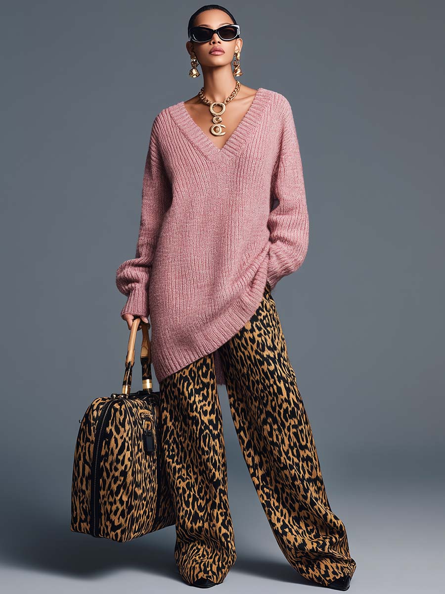 High-end Comfortable Versatile Brown Leopard Print Wide-leg Pants