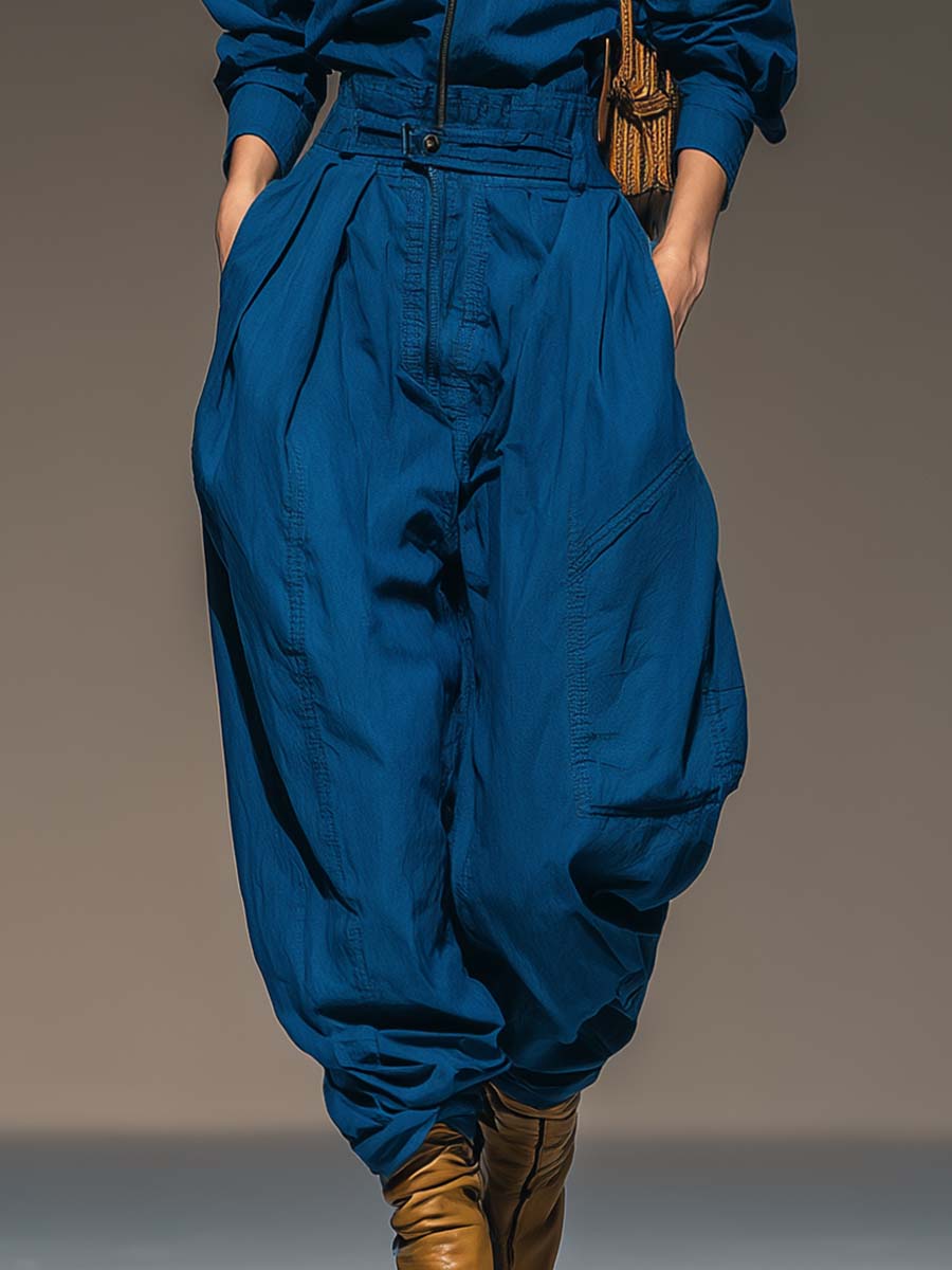 Exquisite Casual Royal Blue Cotton Round Neck Front Zipper Loose Jumpsuit