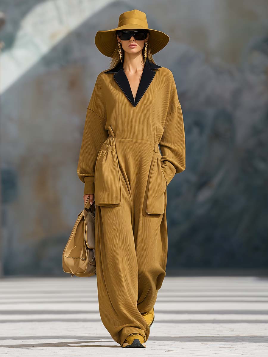 Temperament And Comfort Contrast Color V-neck Large Pocket Ginger Yellow Knitted Loose Jumpsuit