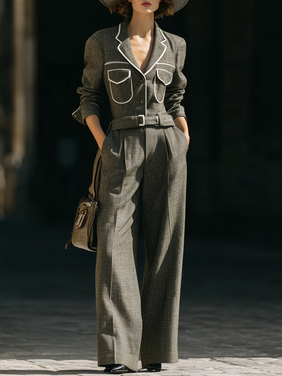 Retro Street V-neck Front Button White Trim Belt Gray Green Jumpsuit