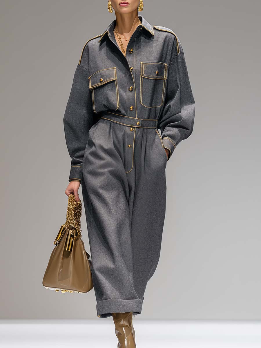 Exquisite Casual Front Button Batwing Sleeve Waisted Gray Jumpsuit