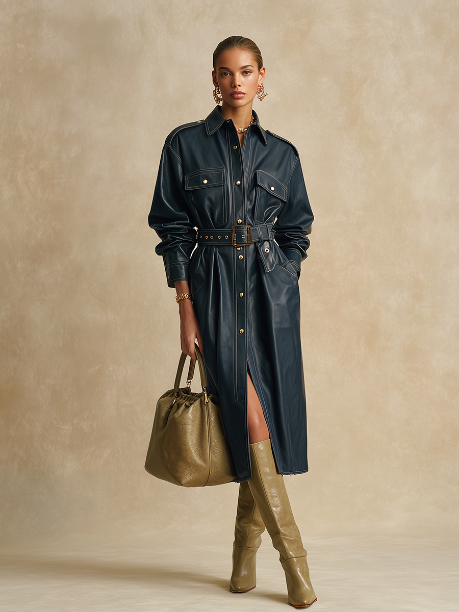 Vintage Lapel Faux Leather Long Coat