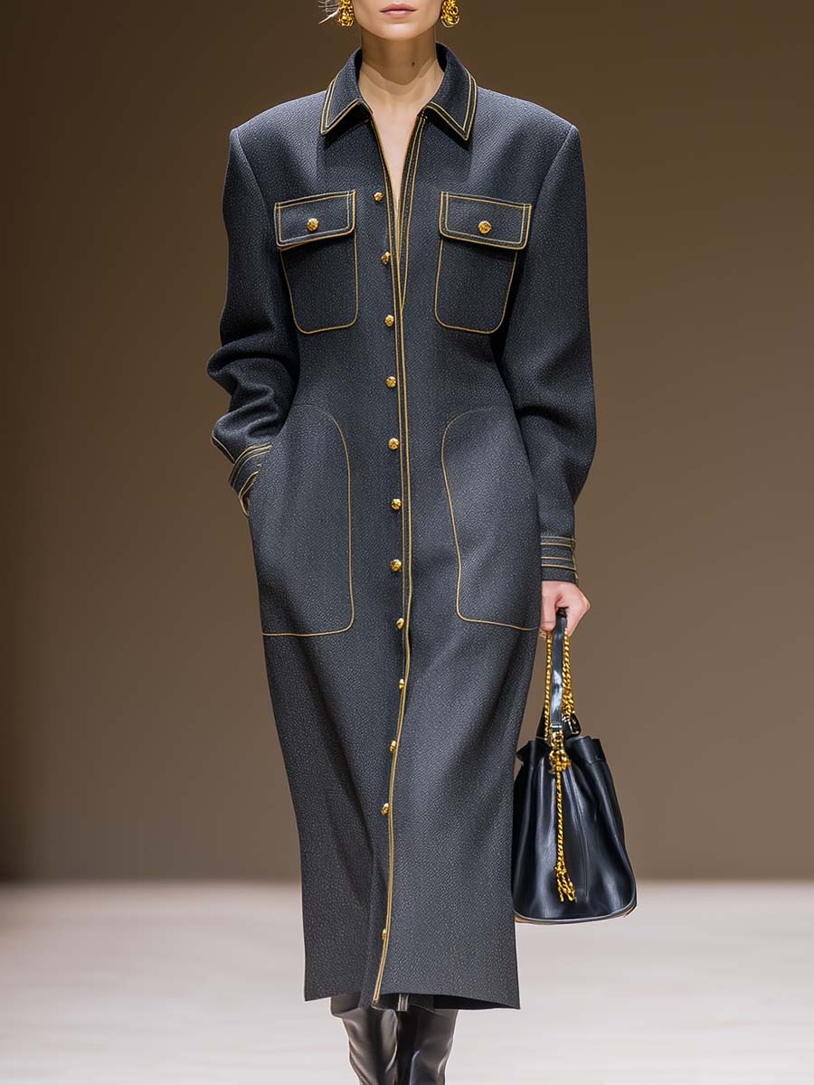 Exquisite Urban Yellow Trim Front Button Gray Herringbone Long Trench Coat