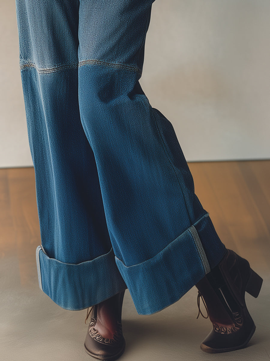 Retro And Fashionable Free People Cuffed Colorblock Denim Wide-leg Pants