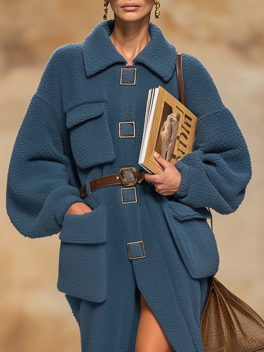 Retro Style Street Lapel Front Square Button Blue Polar Fleece Coat