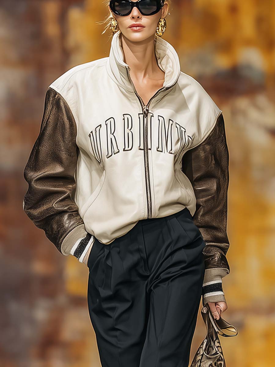 Retro Casual Sportswear Lapel Front Zipper Contrast Sleeves Baseball Jacket