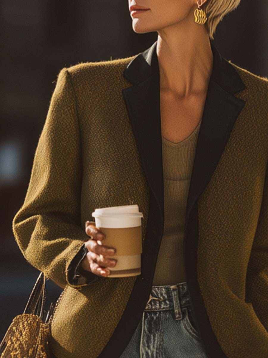 Exquisite Casual Simple Street Contrast Color Notch Lapel Olive Green Jacket
