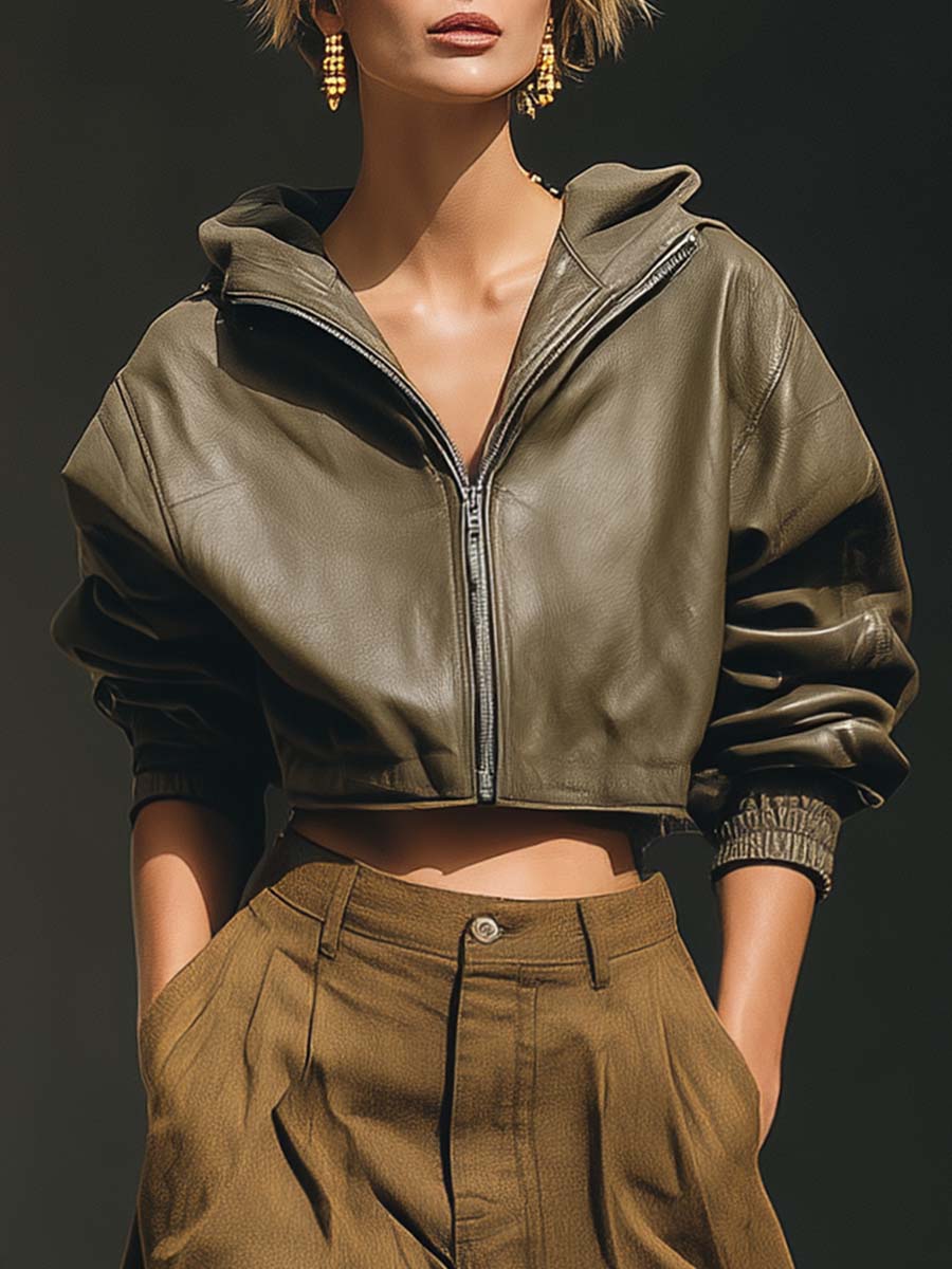 Premium Quality Fashionable Front Zip Hooded Olive Green Eco-friendly Leather Bomber Jacket