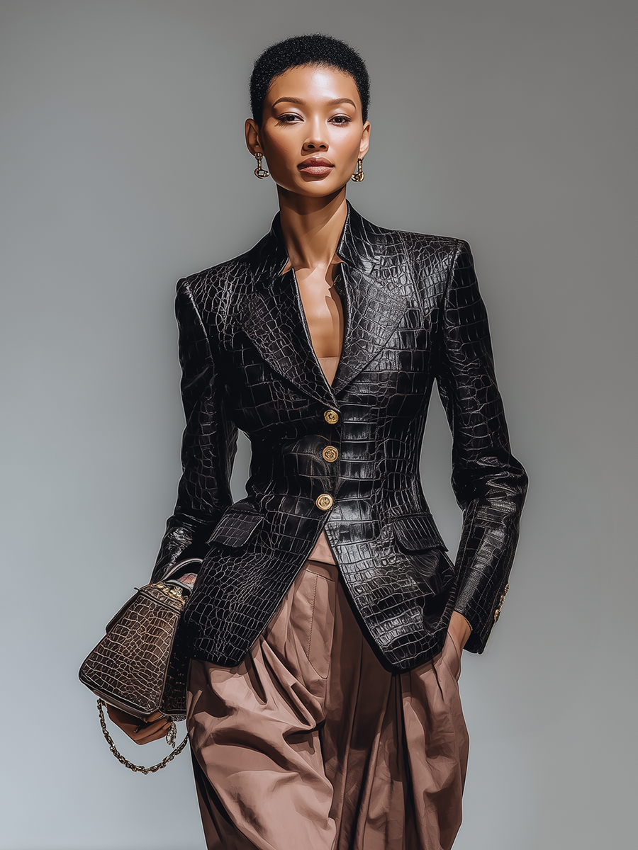 Vintage Faux Crocodile Leather Single-Breasted Blazer