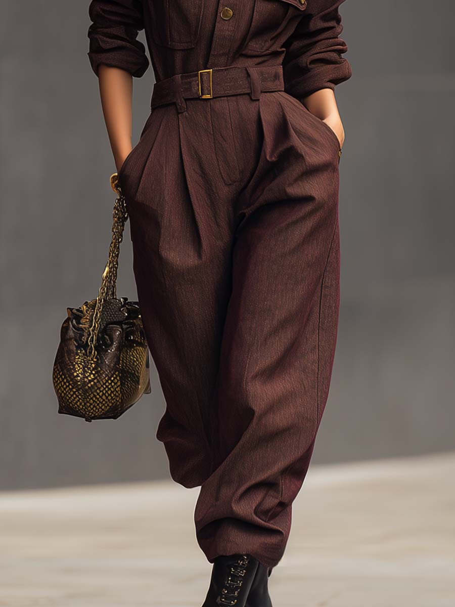 Vintage Stylish Handsome Wide Shoulder Stand Collar Front Button Brown Red Jumpsuit