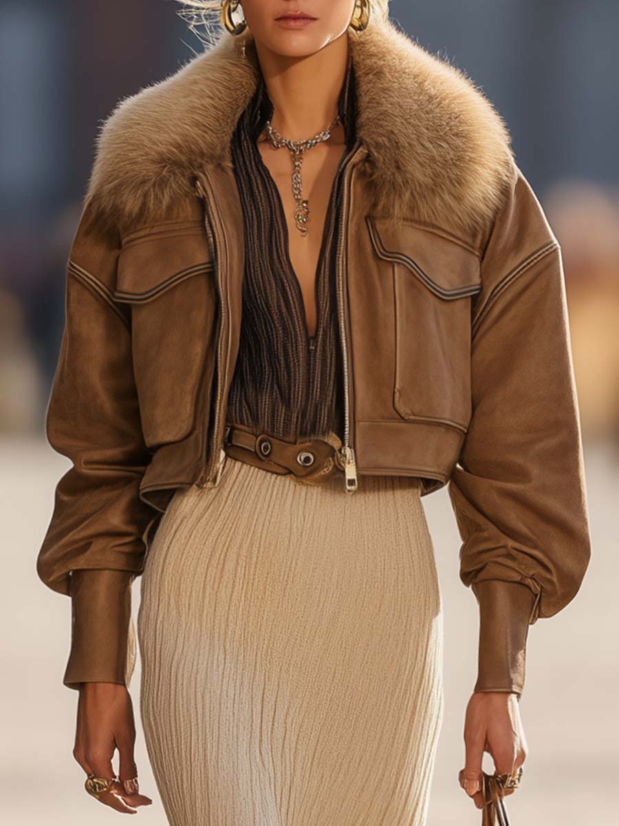 Retro Urban Western Style Faux Fur Collar Brown Faux Leather Short Jacket