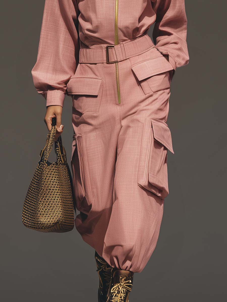 Exquisite Casual Fashion Lapel Front Zipper Work Pocket Pink Loose Jumpsuit