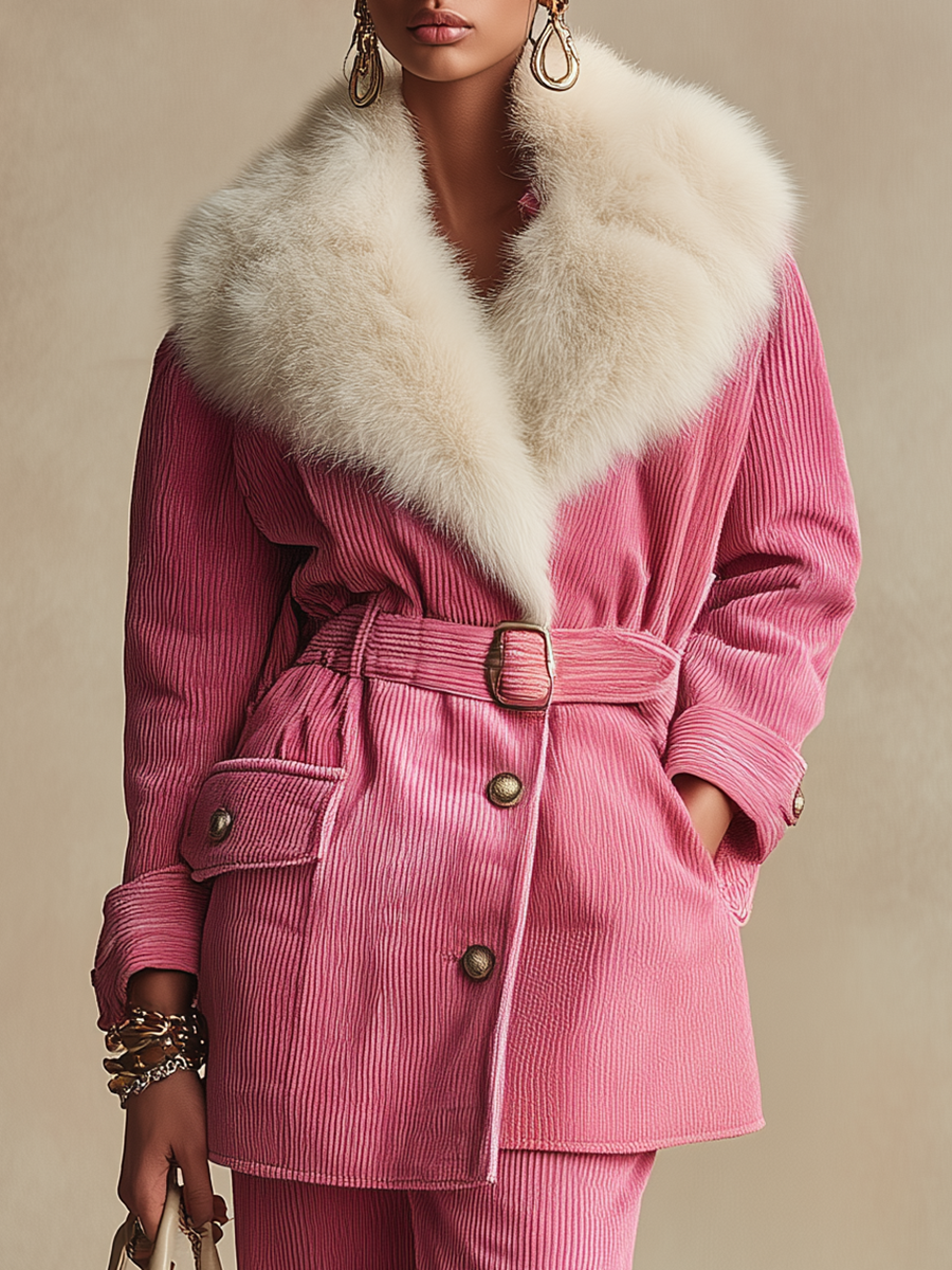 Vintage Elegant Faux Fur Lapel Corduroy Coat