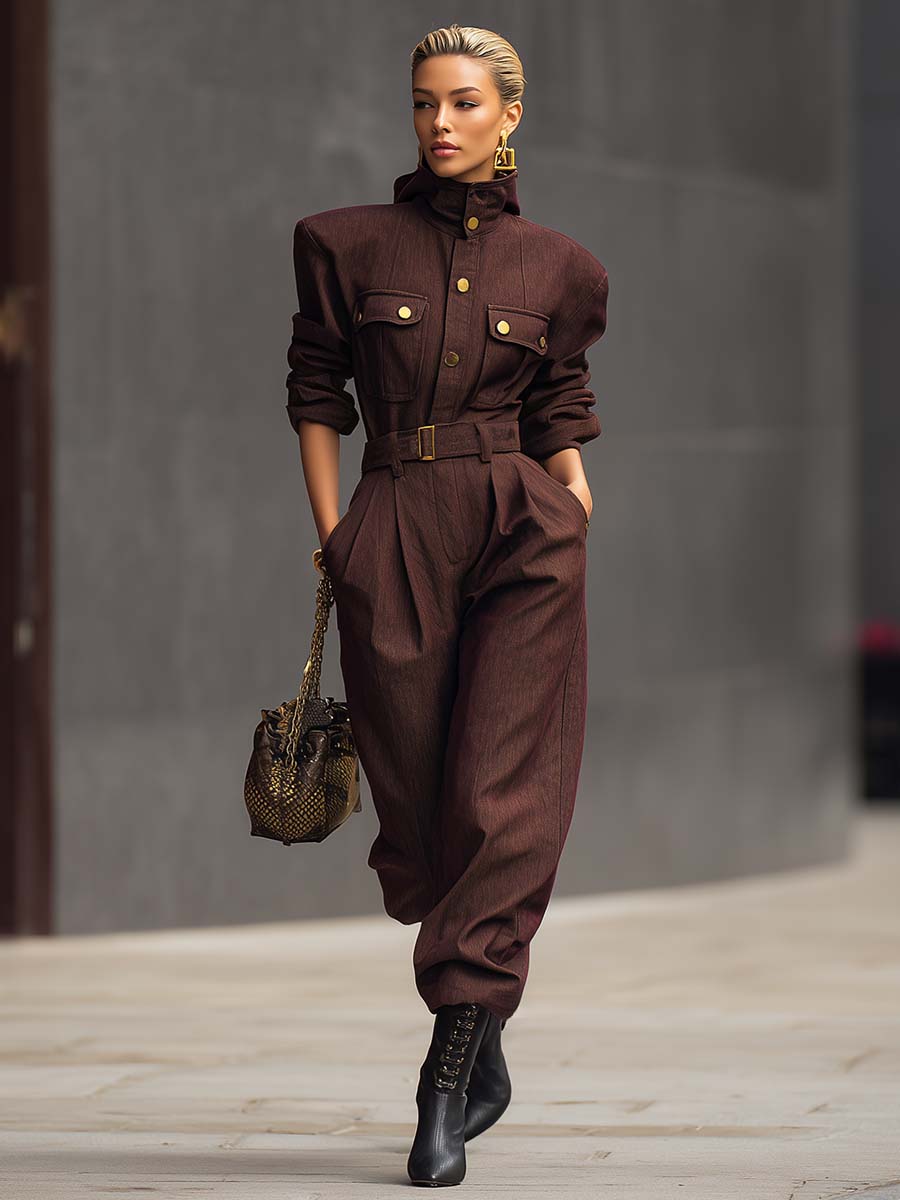Vintage Stylish Handsome Wide Shoulder Stand Collar Front Button Brown Red Jumpsuit