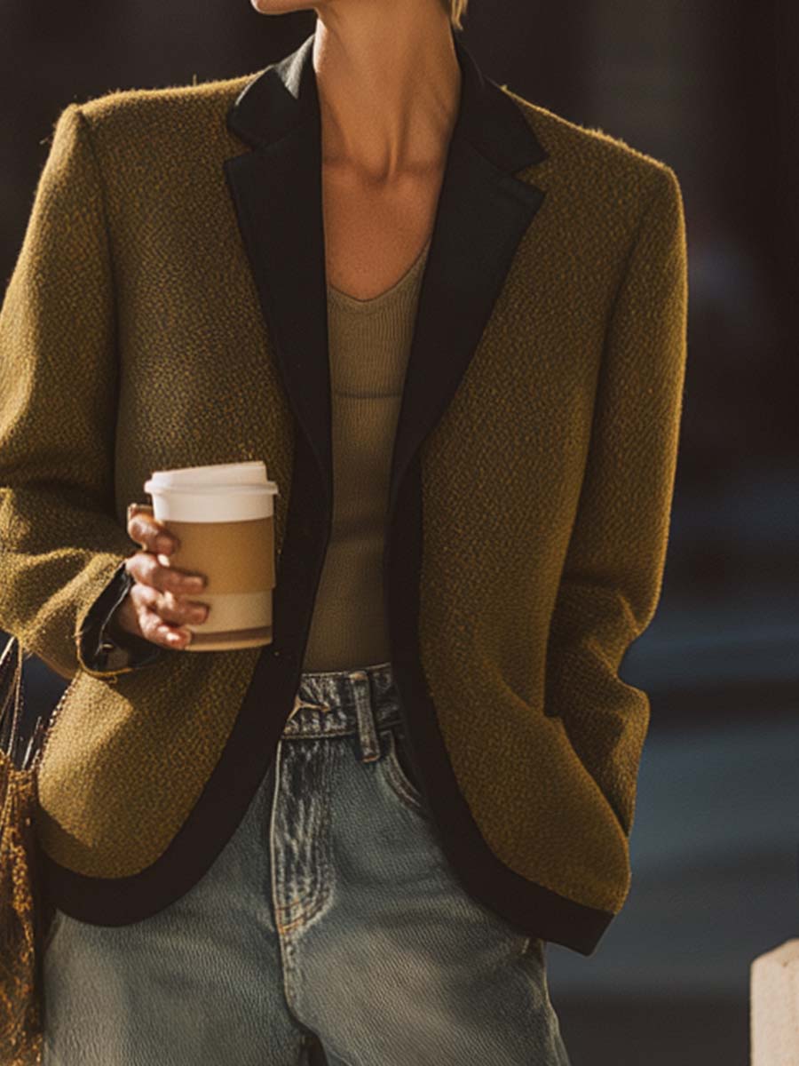 Exquisite Casual Simple Street Contrast Color Notch Lapel Olive Green Jacket