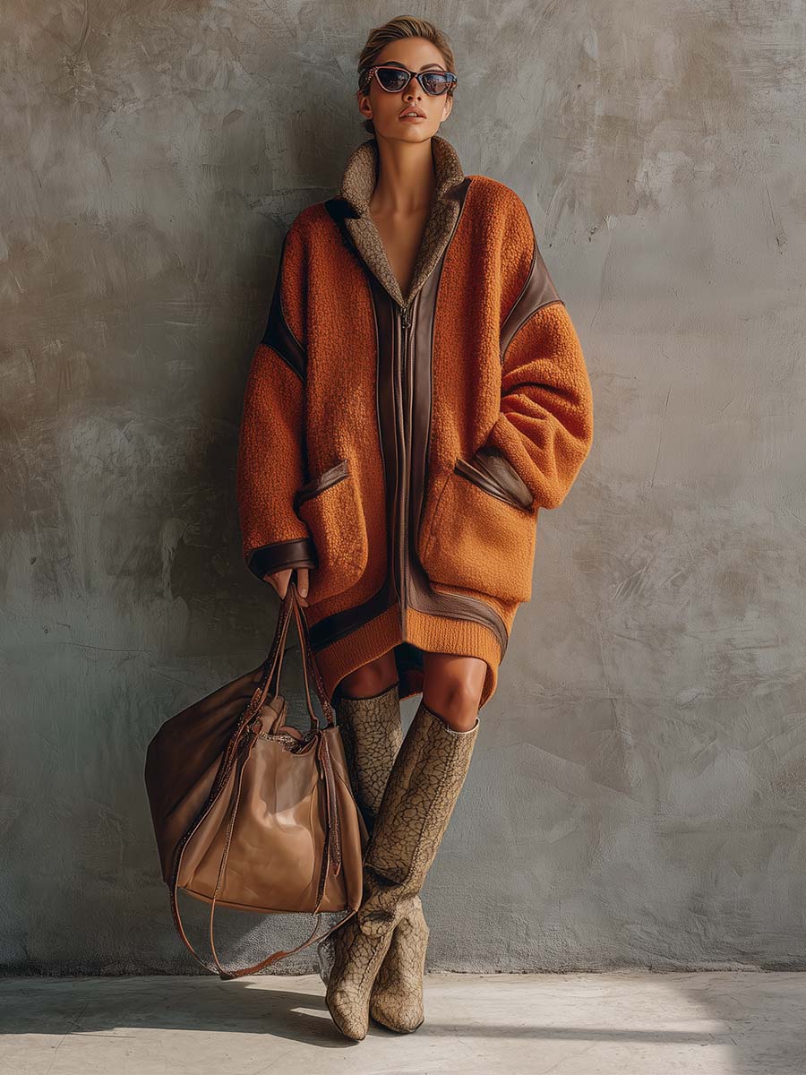 Retro Fashion Loose Contrast Lapel Leather Trim Front Zipper Orange Polar Fleece Coat