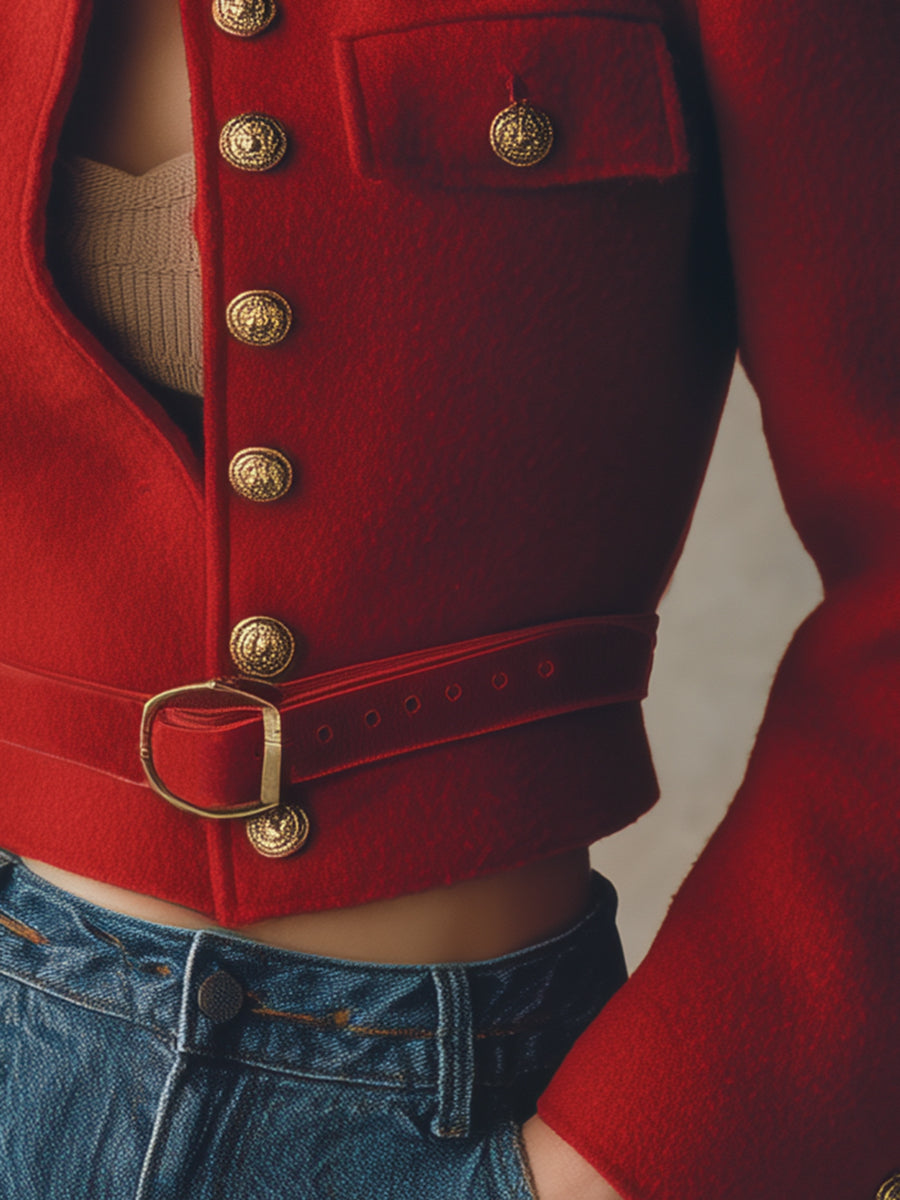 Retro And Fashionable Stand-up Collar Pocket Red Woolen Jacket