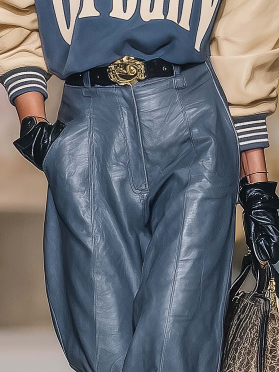 Versatile Retro Fashion Contrast Striped Hem Blue Leather Cropped Trousers