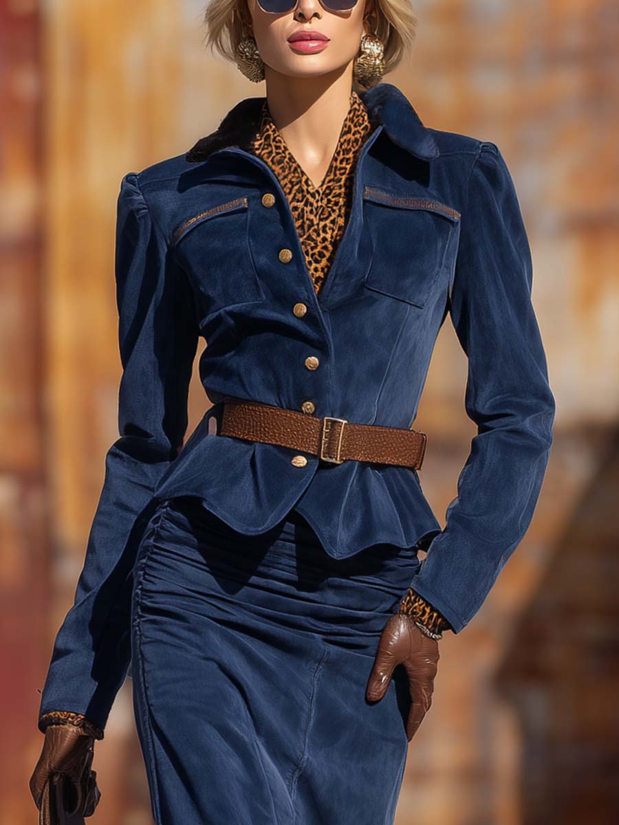 Vintage Street Western Dark Blue Faux Suede Button Front Jacket And Skirt Set