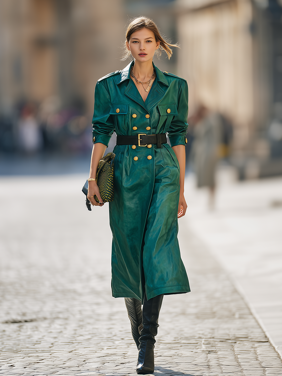 Vintage Elegant Double-Breasted Faux Leather Long Coat