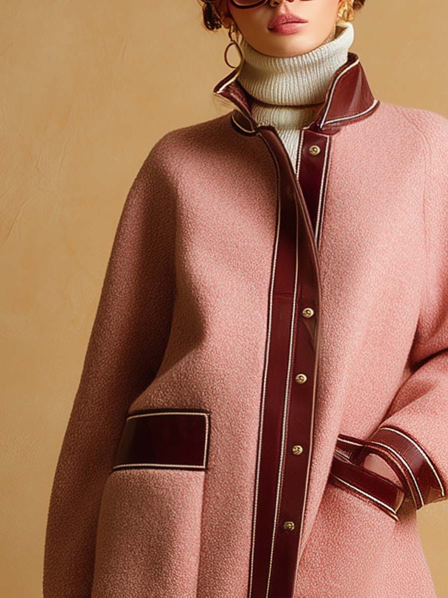 Retro Fashion Lapel Front Button Burgundy Leather Trim Pink Mini Coat