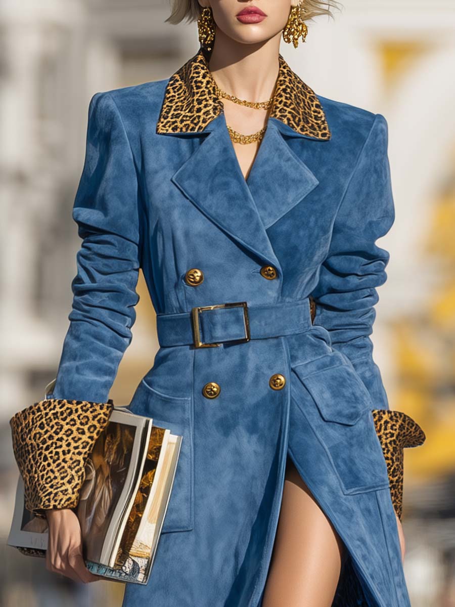 Vintage Temperament Fashion Leopard Print Lapel And Cuffs Double-breasted Blue Faux Suede Coat