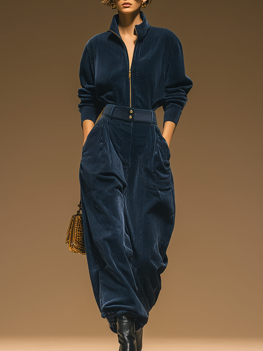 Fashionable Urban Casual Stand-up Collar Front Zipper Dark Blue Corduroy Jumpsuit